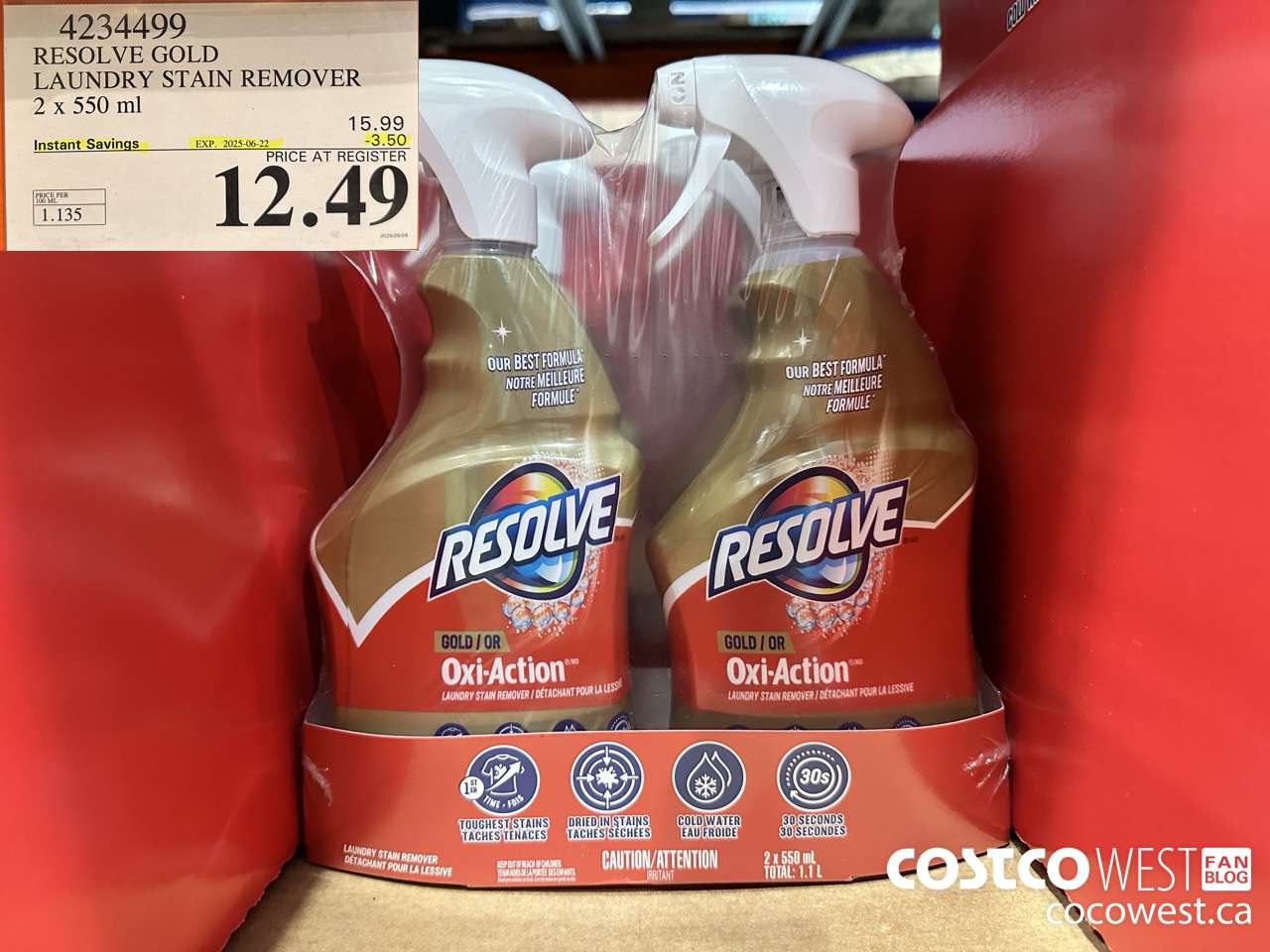 4234499 RESOLVE GOLD LAUNDRY STAIN REMOVER 2 X 550ML ($3.50 INSTANT SAVINGS EXPIRES ON 2025-06-22) $12.49