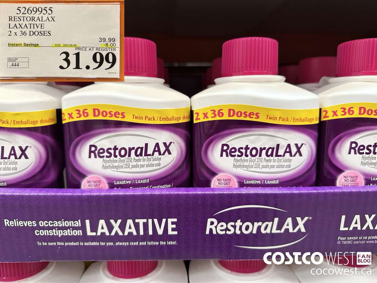 5269955 RESTORALAX LAXATIVE 2 X 36 DOSES ($8.00 INSTANT SAVINGS EXPIRES ON 2025-06-08) $31.99
