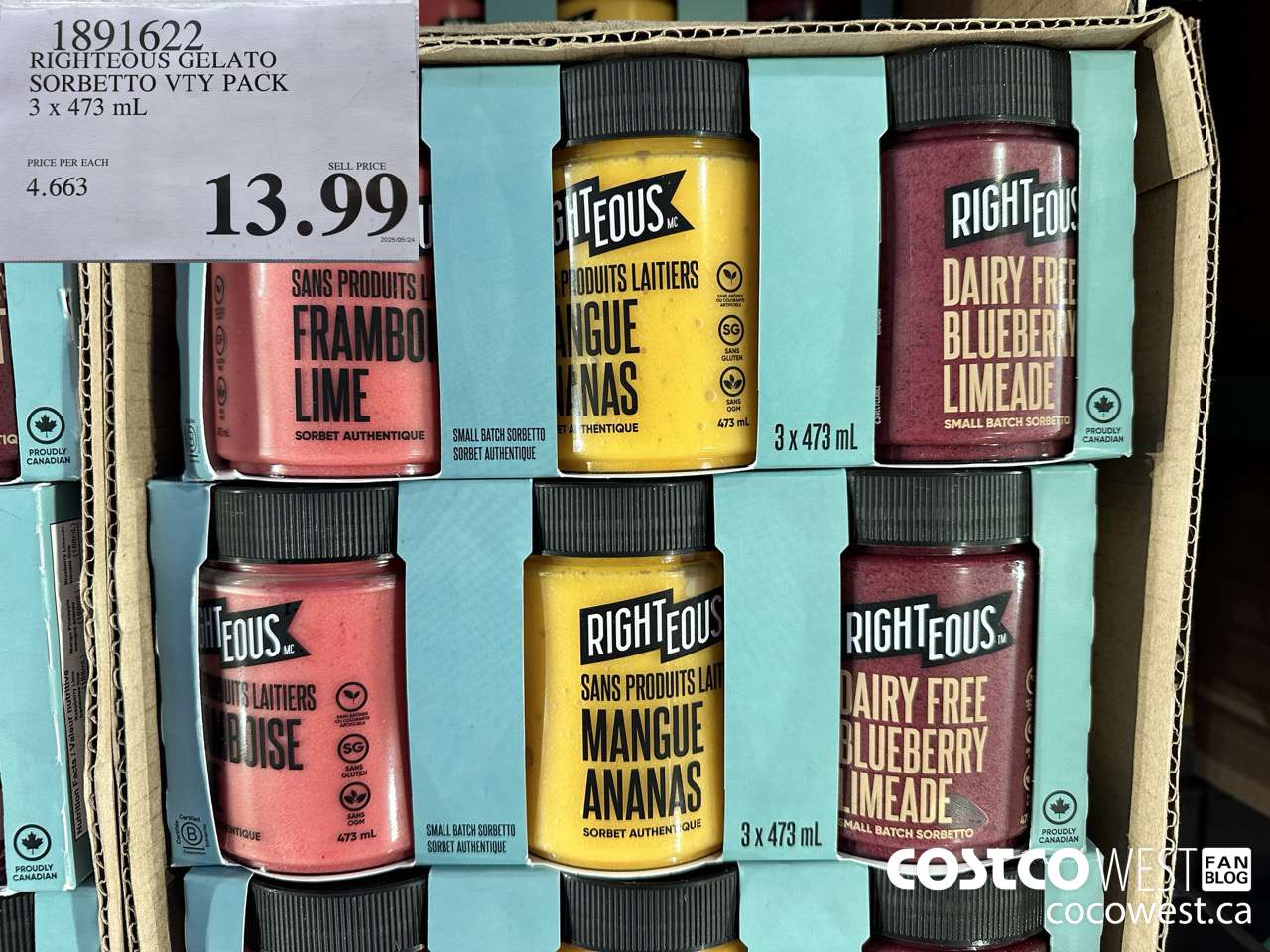 1891622 RIGHTEOUS GELATO SORBETTO VTY PACK 3 X 473ML $13.99