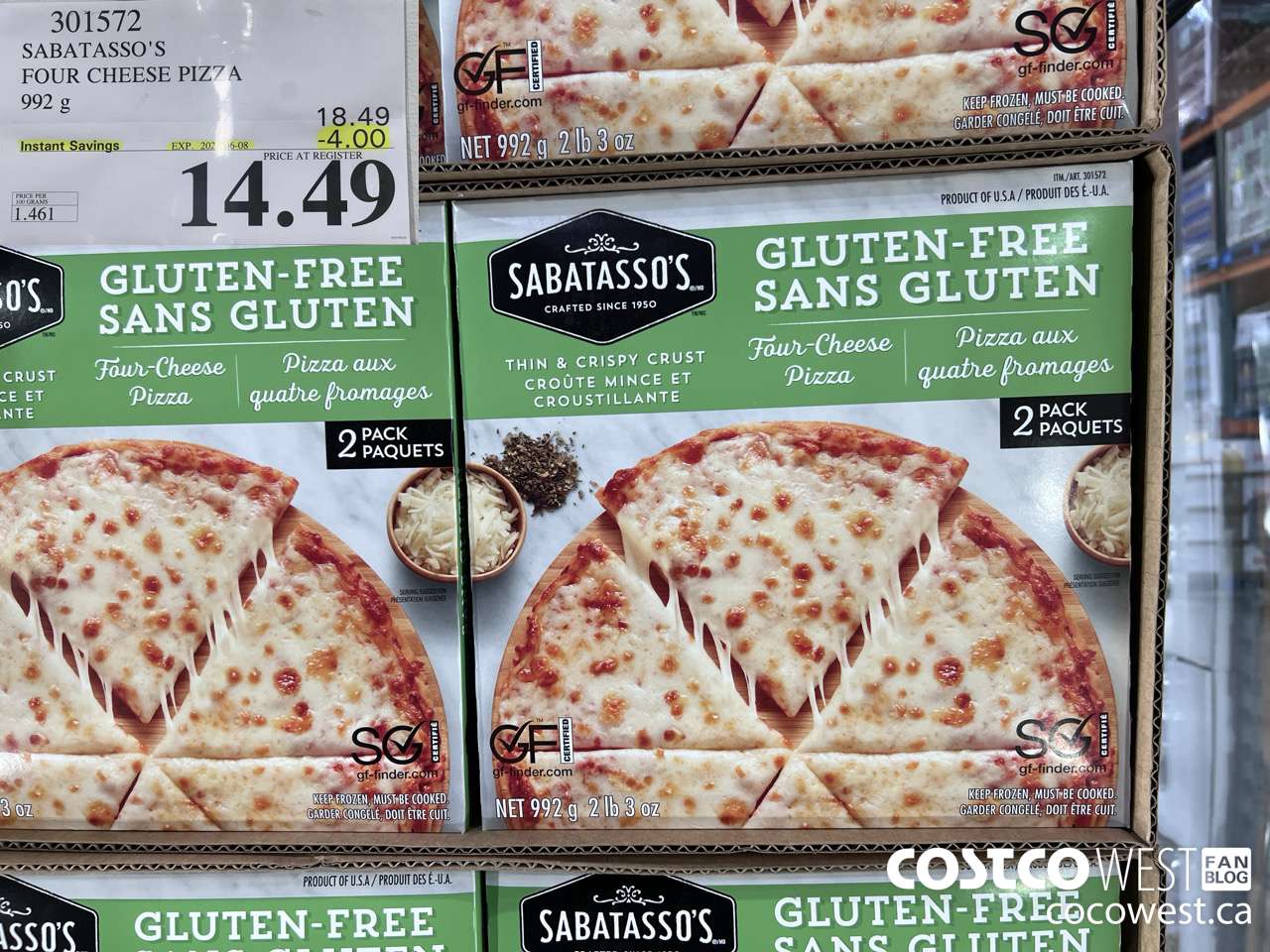 301572 SABATASSO'S GLUTEN-FREE CHEESE PIZZA 2 X 496 G ($4.00 INSTANT SAVINGS EXPIRES ON 2025-06-08) $14.49