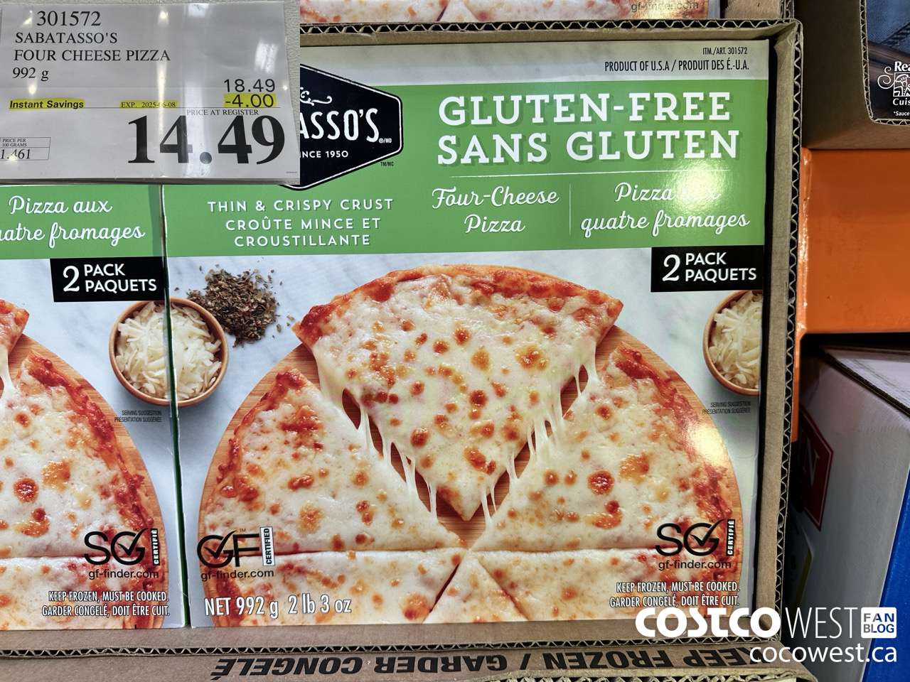 301572 SABATASSO'S GLUTEN-FREE CHEESE PIZZA 2 X 496 G ($4.00 INSTANT SAVINGS EXPIRES ON 2025-06-08) $14.49