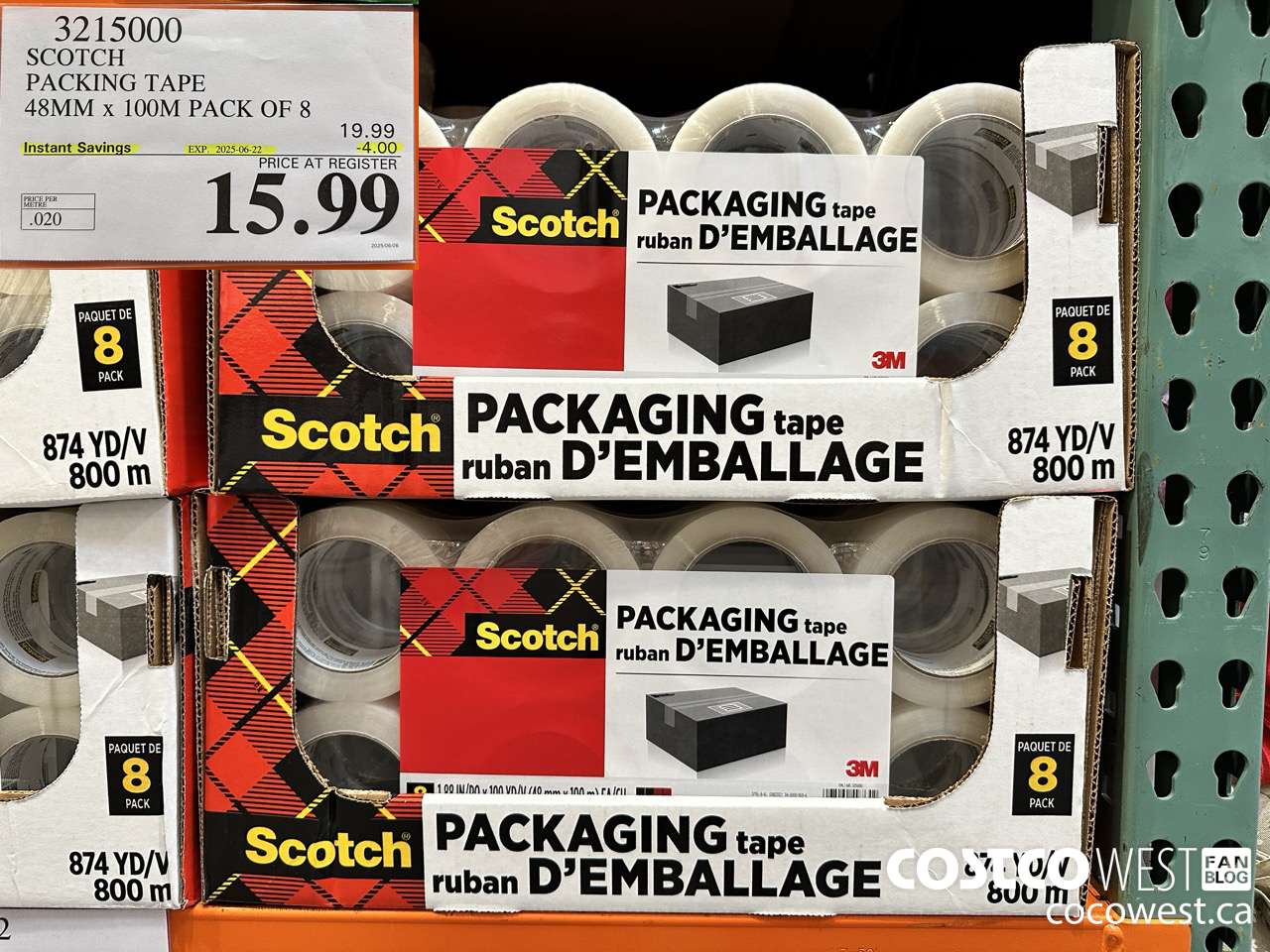 3215000 SCOTCH PACKING TAPE 48MM x 100M PACK OF 8 ($4.00 INSTANT SAVINGS EXPIRES ON 2025-06-22) $15.99