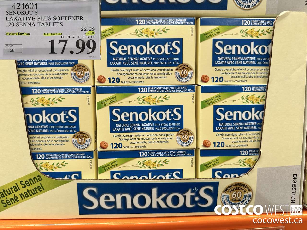 424604 SENOKOT S LAXATIVE PLUS SOFTENER 120 SENNA TABLETS ($5.00 INSTANT SAVINGS EXPIRES ON 2025-06-22) $17.99