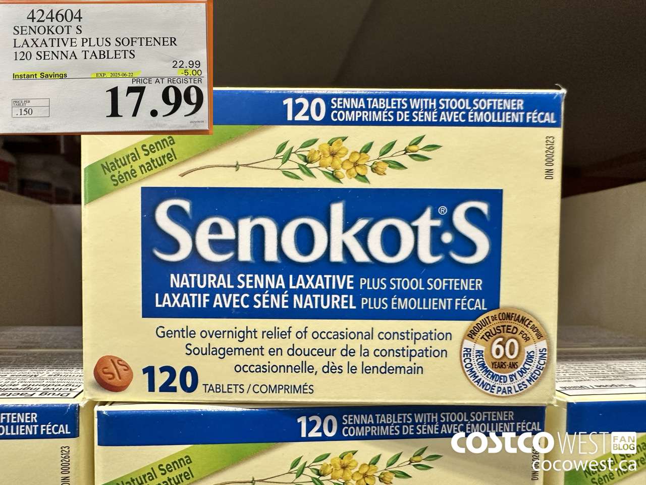 424604 SENOKOT S LAXATIVE PLUS SOFTENER 120 SENNA TABLETS ($5.00 INSTANT SAVINGS EXPIRES ON 2025-06-22) $17.99