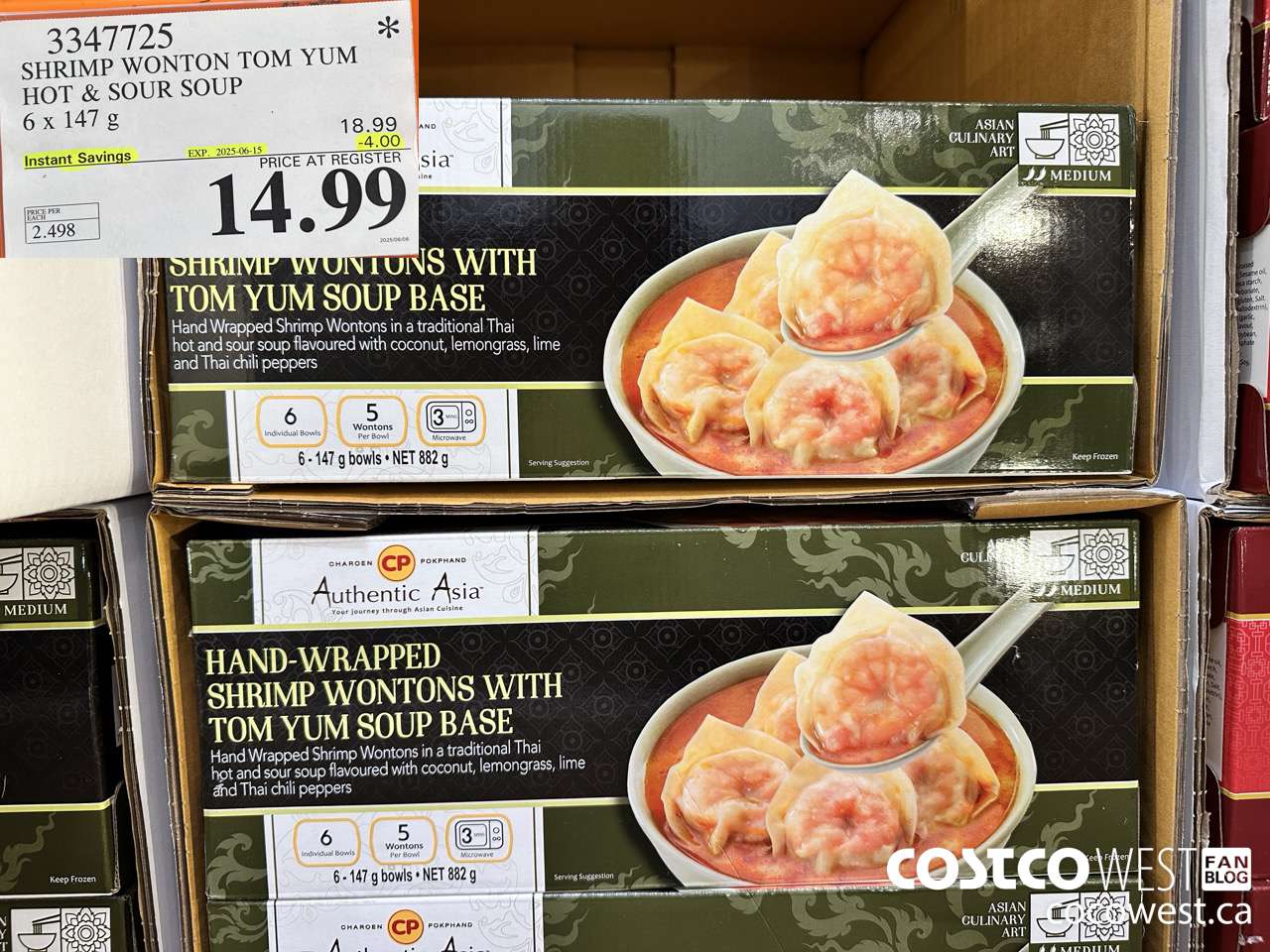 3347725 SHRIMP WONTON TOM YUM HOT & SOUR SOUP 6 X 147 G ($4.00 INSTANT SAVINGS EXPIRES ON 2025-06-15) $14.99