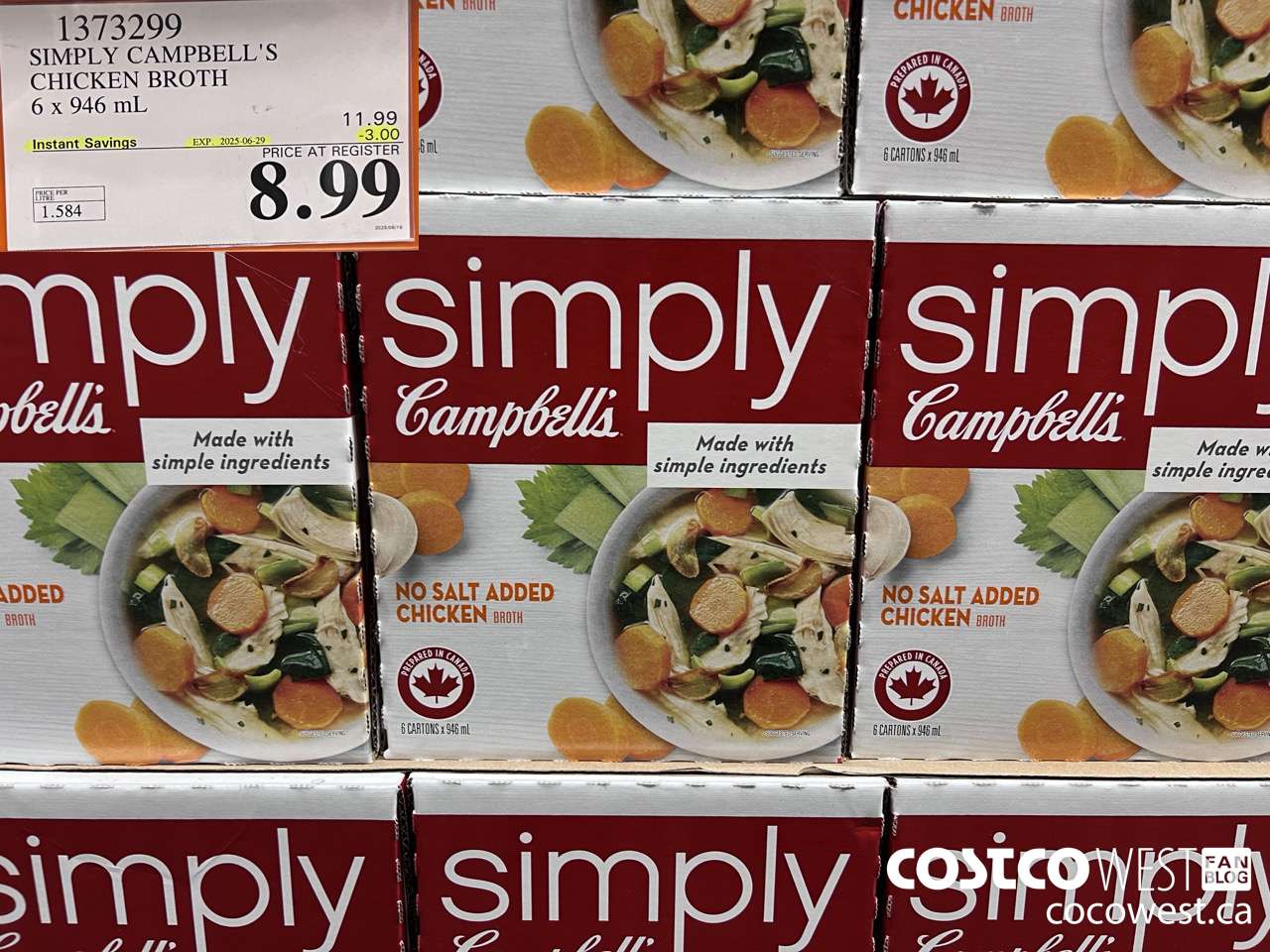 1373299 SIMPLY CAMPBELL'S CHICKEN BROTH 6 X 946ML ($3.00 INSTANT SAVINGS EXPIRES ON 2025-06-29) $8.99