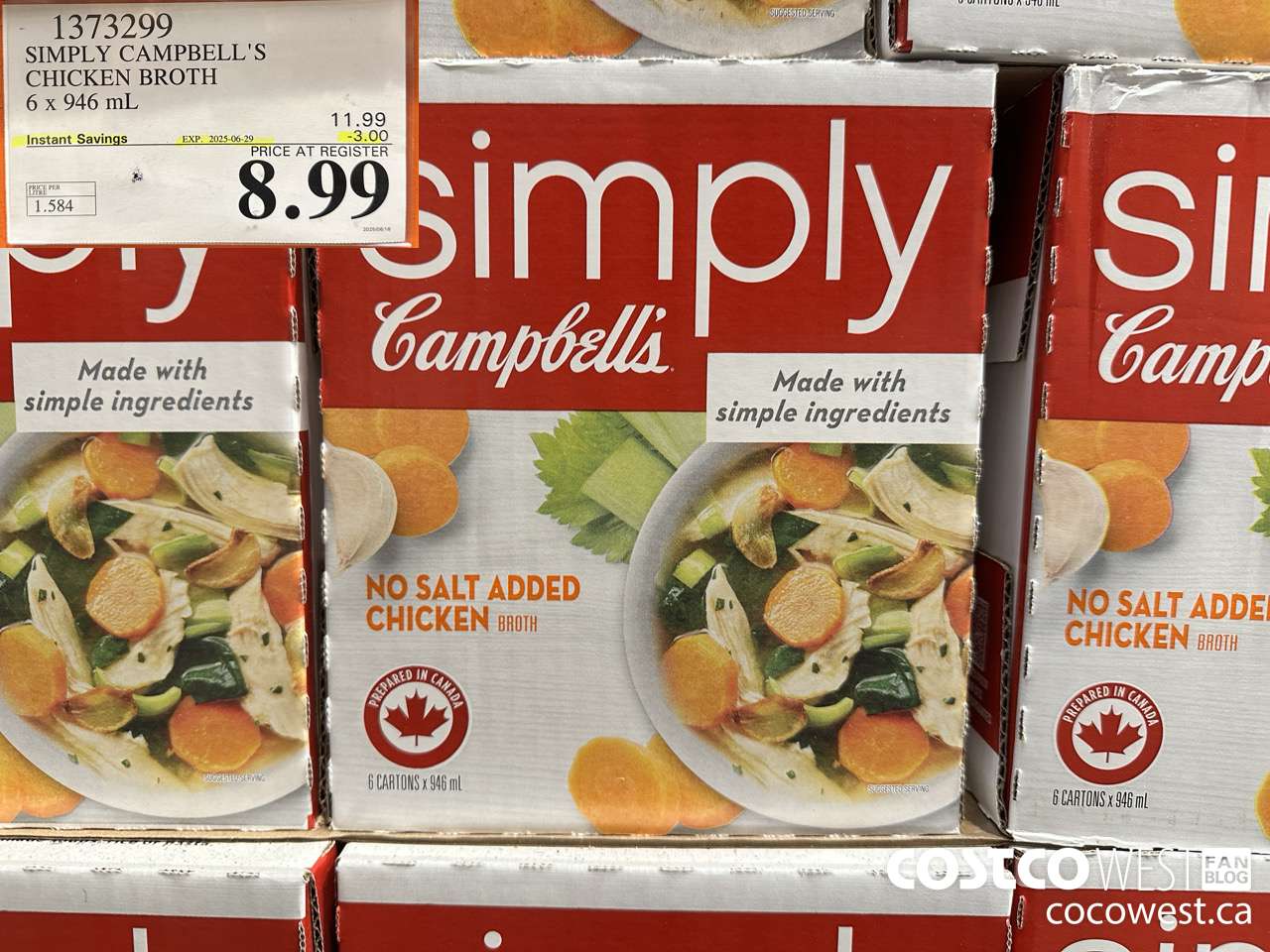 1373299 SIMPLY CAMPBELL'S CHICKEN BROTH 6 X 946ML ($3.00 INSTANT SAVINGS EXPIRES ON 2025-06-29) $8.99