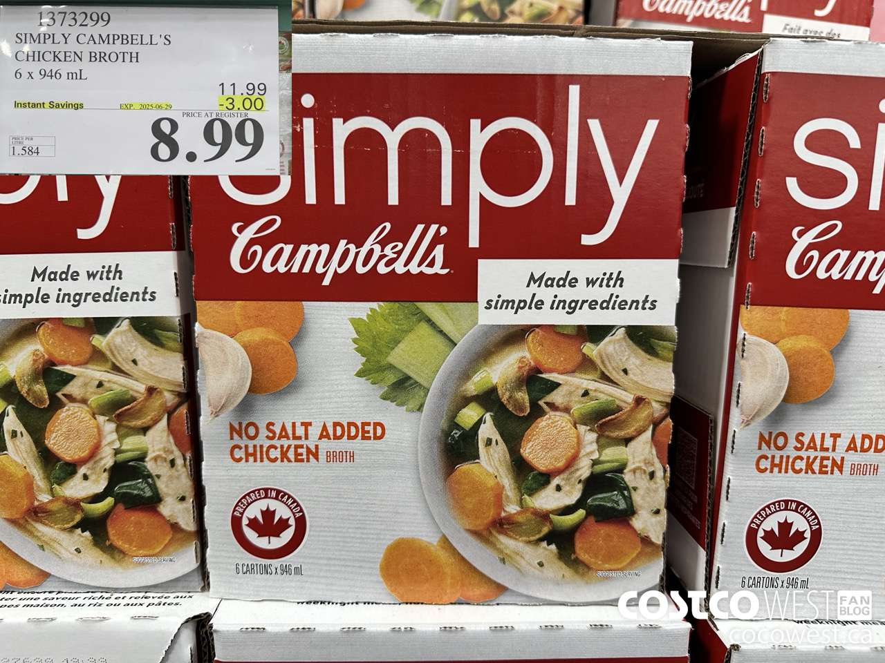 1373299 SIMPLY CAMPBELL'S CHICKEN BROTH 6 X 946ML ($3.00 INSTANT SAVINGS EXPIRES ON 2025-06-29) $8.99