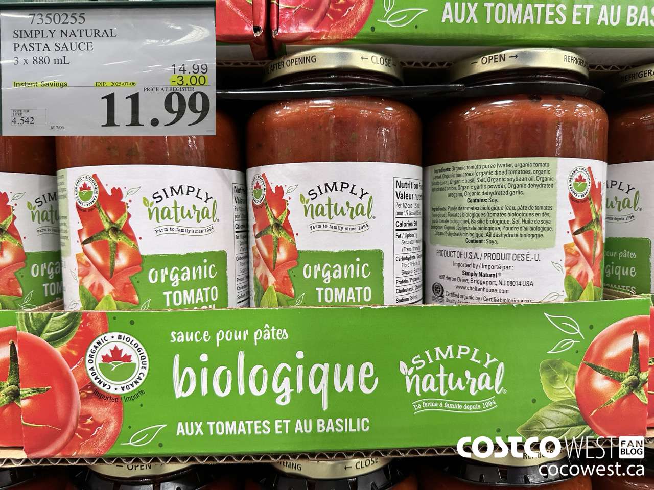 7350255 SIMPLY NATURAL ORGANIC PASTA SAUCE 3 X 880 ML ($3.00 INSTANT SAVINGS EXPIRES ON 2025-07-06) $11.99