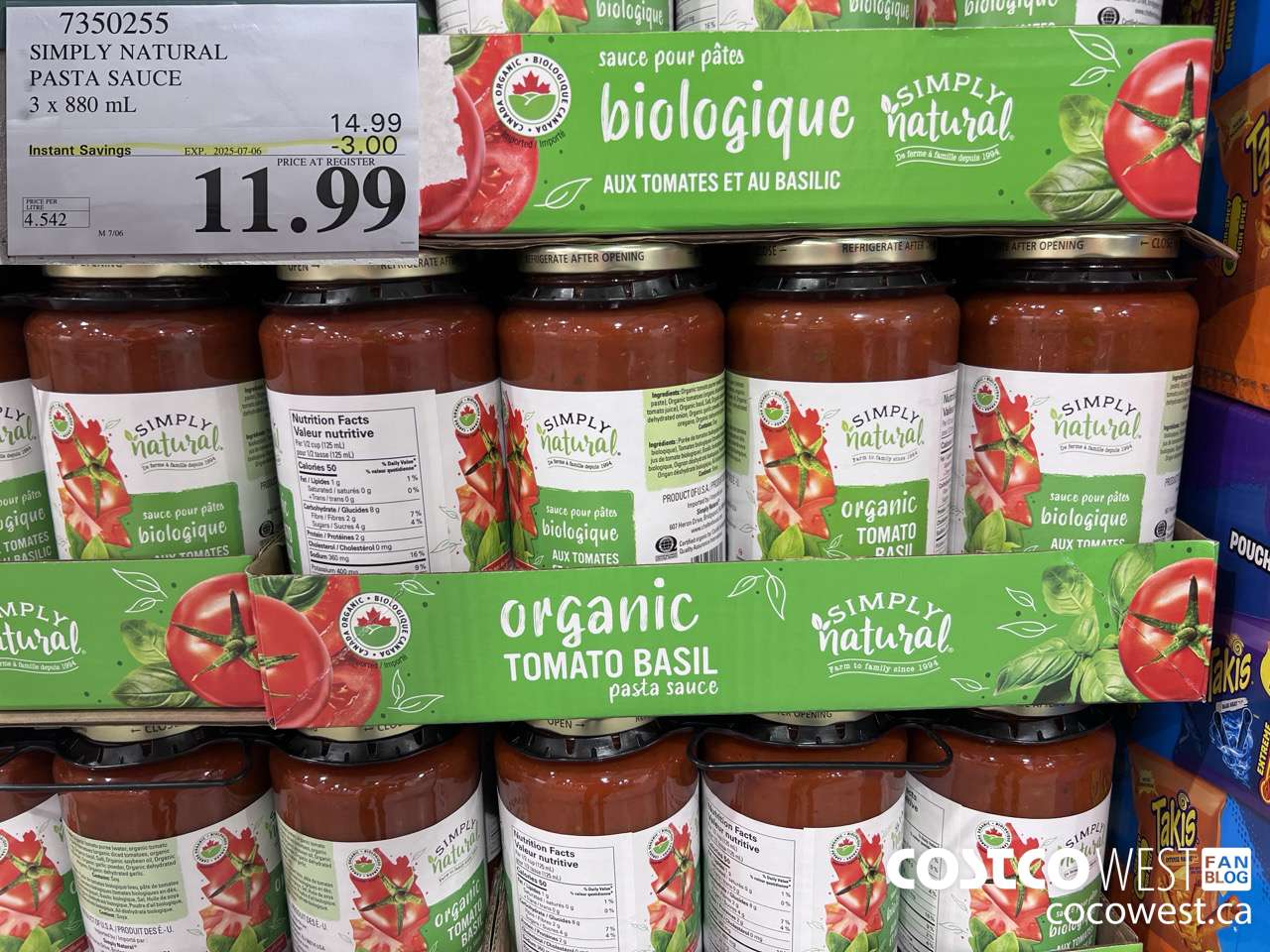 7350255 SIMPLY NATURAL ORGANIC PASTA SAUCE 3 X 880 ML ($3.00 INSTANT SAVINGS EXPIRES ON 2025-07-06) $11.99