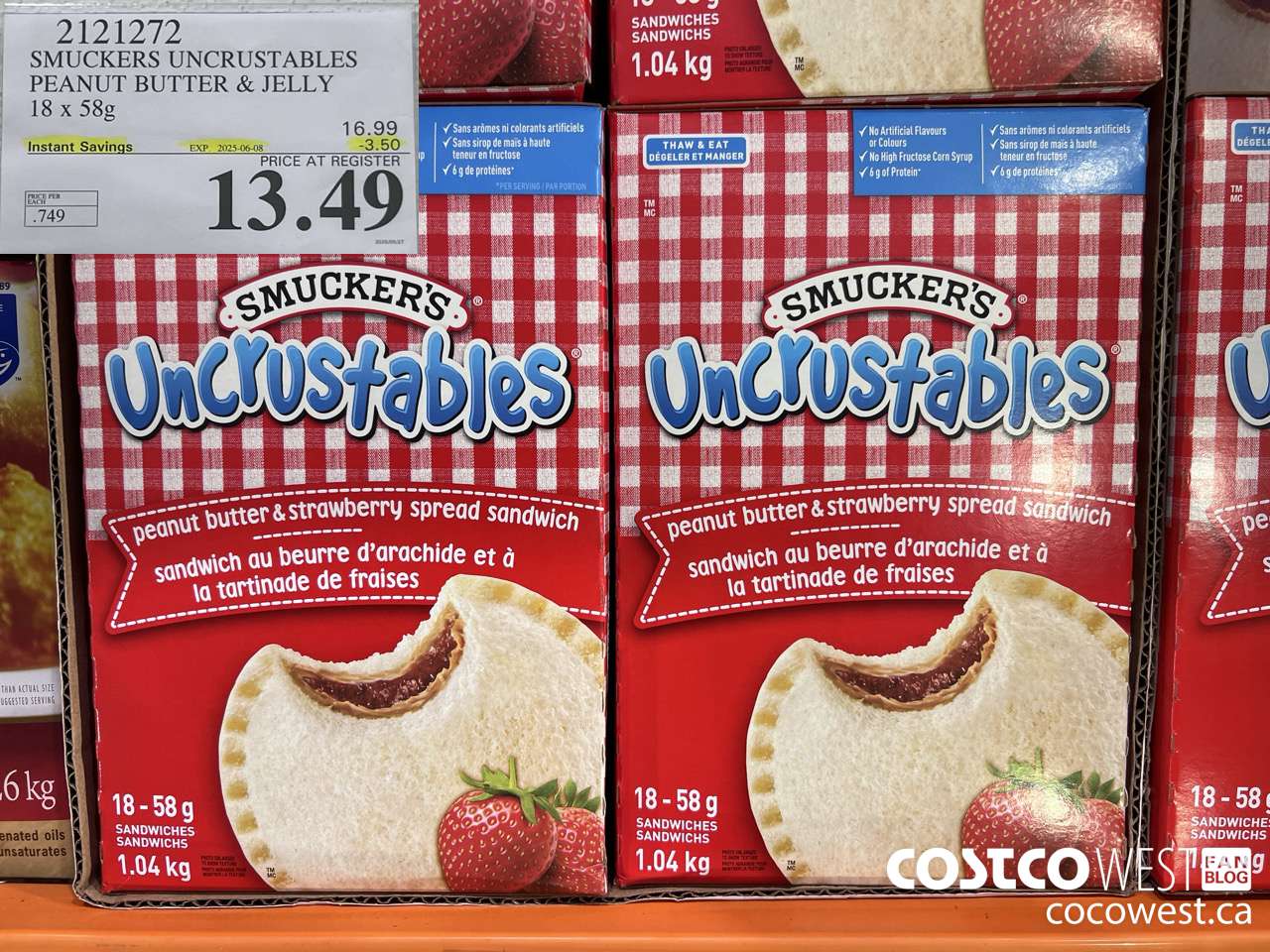 2121272 SMUCKERS UNCRUSTABLES PEANUT BUTTER & JELLY 18 X 58G ($3.50 INSTANT SAVINGS EXPIRES ON 2025-06-08) $13.49