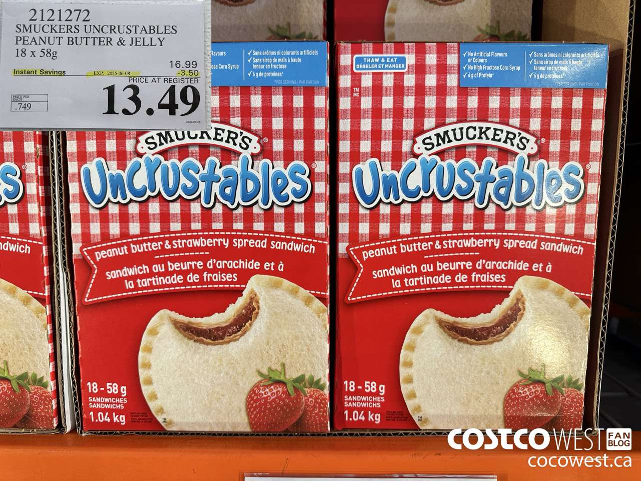 2121272 SMUCKERS UNCRUSTABLES PEANUT BUTTER & JELLY 18 X 58G ($3.50 INSTANT SAVINGS EXPIRES ON 2025-06-08) $13.49