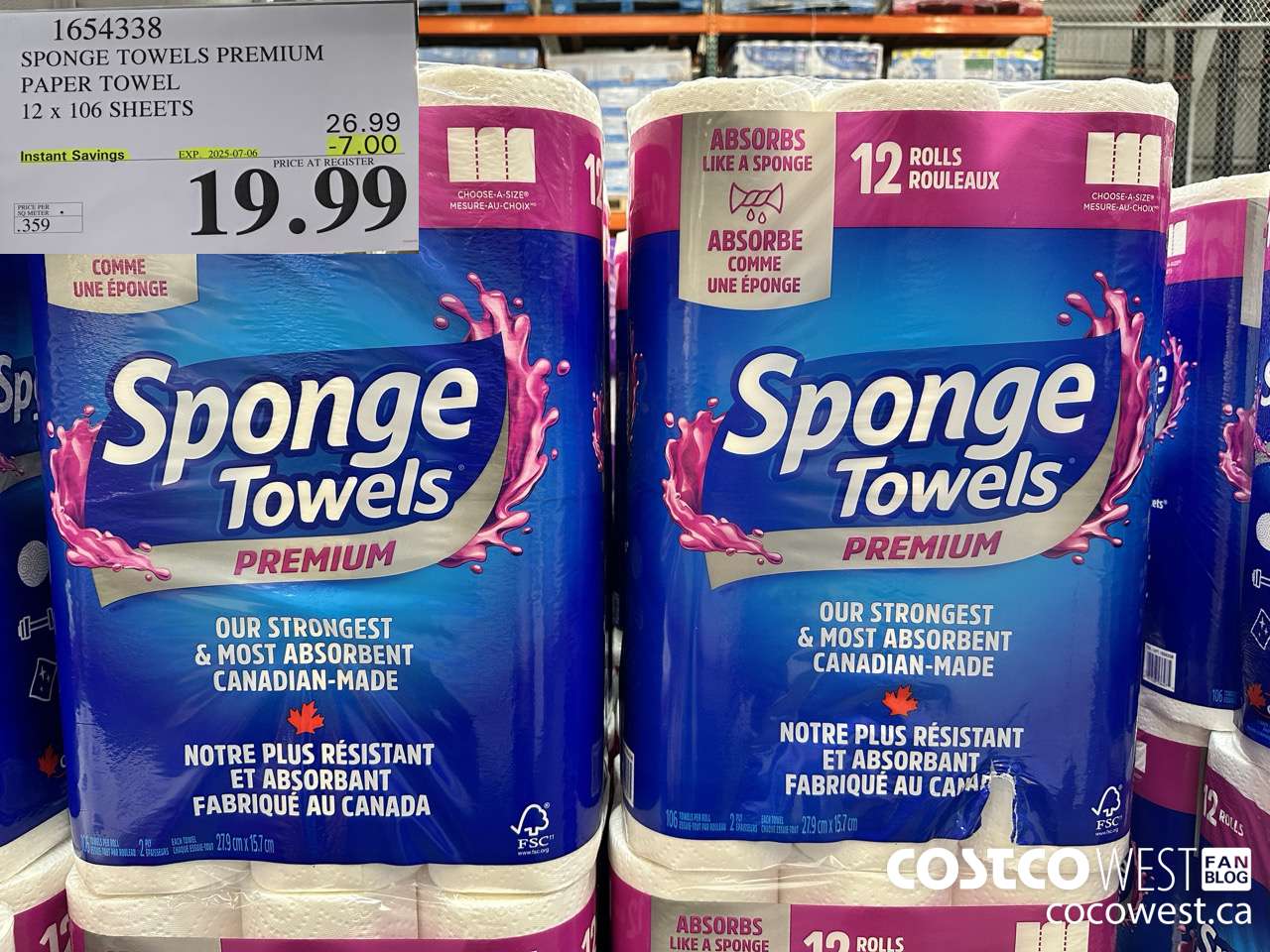 1654338 SPONGE TOWELS PREMIUM PAPER TOWEL 12 X 106 SHEETS ($7.00 INSTANT SAVINGS EXPIRES ON 2025-07-06) $19.99