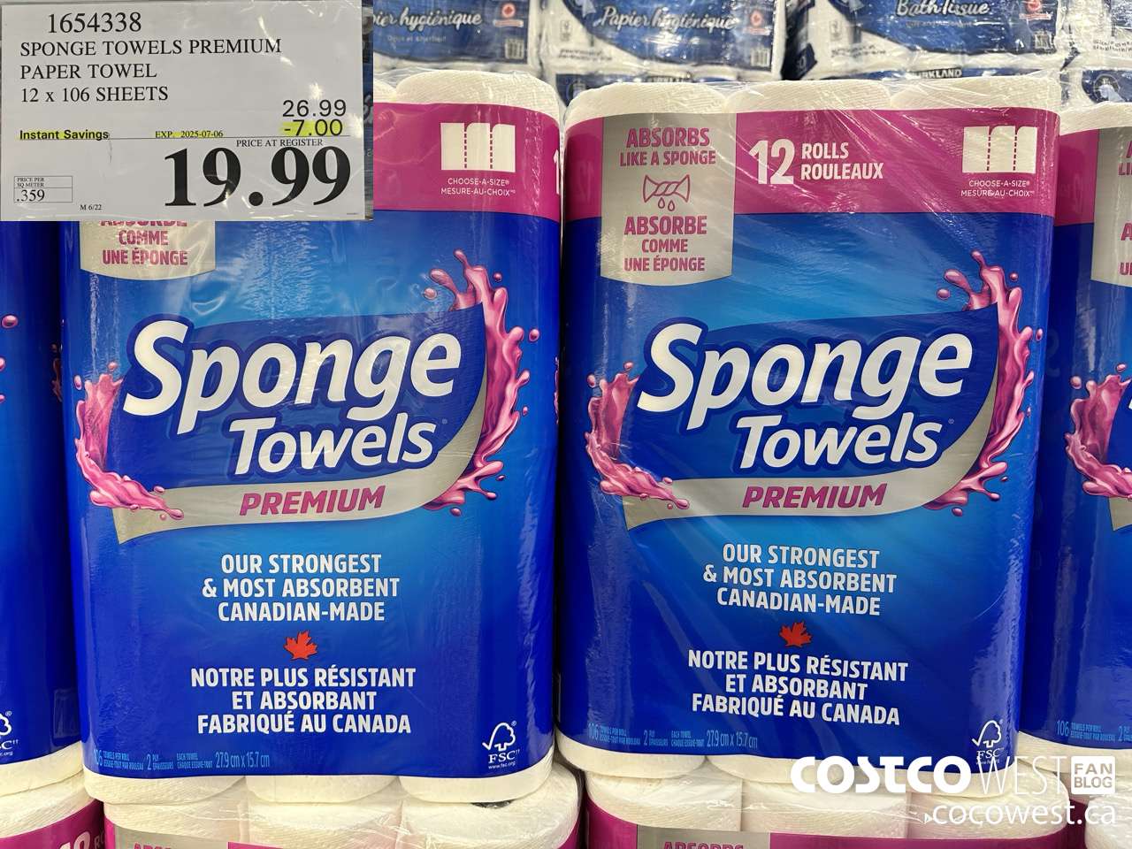 1654338 SPONGE TOWELS PREMIUM PAPER TOWEL 12 X 106 SHEETS ($7.00 INSTANT SAVINGS EXPIRES ON 2025-07-06) $19.99
