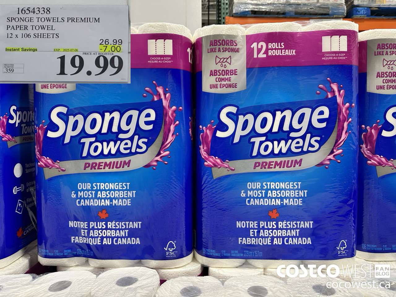 1654338 SPONGE TOWELS PREMIUM PAPER TOWEL 12 X 106 SHEETS ($7.00 INSTANT SAVINGS EXPIRES ON 2025-07-06) $19.99
