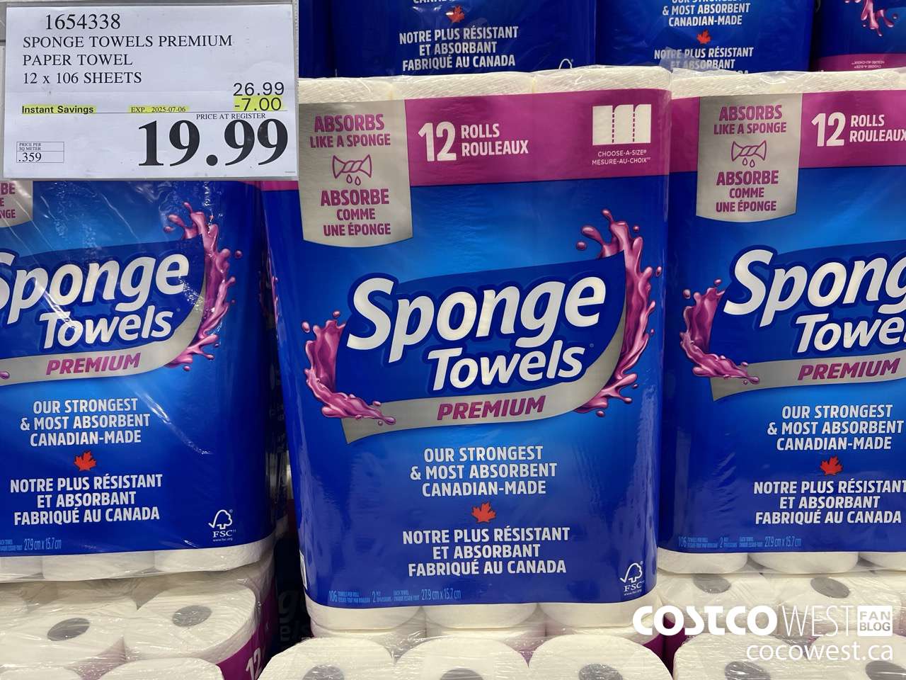 1654338 SPONGE TOWELS PREMIUM PAPER TOWEL 12 X 106 SHEETS ($7.00 INSTANT SAVINGS EXPIRES ON 2025-07-06) $19.99