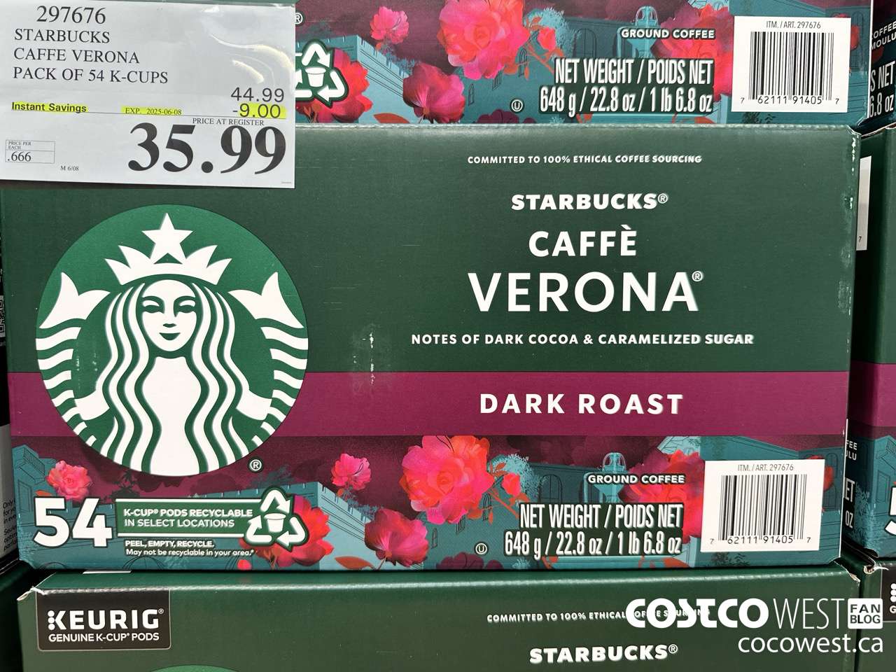 297676 STARBUCKS CAFFE VERONA K-CUPS 54 COUNT ($9.00 INSTANT SAVINGS EXPIRES ON 2025-06-08) $35.99