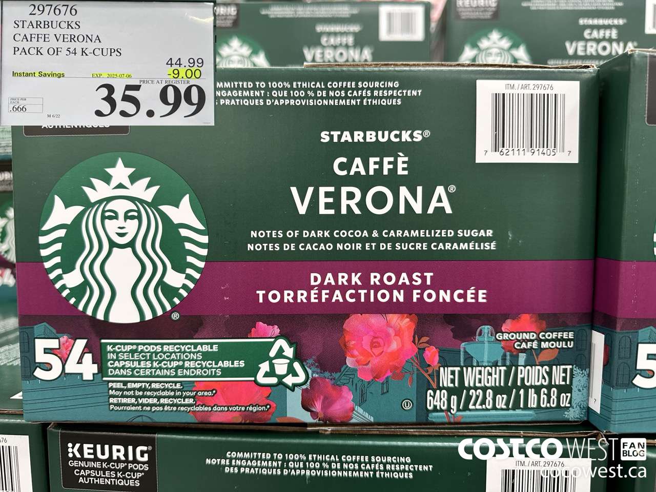 297676 STARBUCKS CAFFE VERONA K-CUPS 54 COUNT ($9.00 INSTANT SAVINGS EXPIRES ON 2025-07-06) $35.99