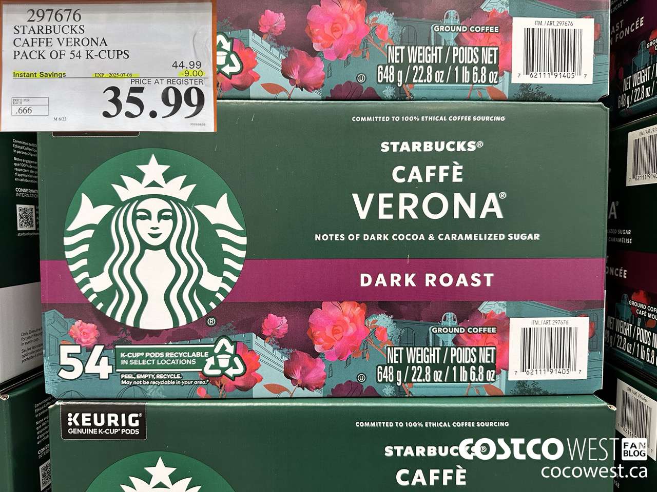 297676 STARBUCKS CAFFE VERONA K-CUPS 54 COUNT ($9.00 INSTANT SAVINGS EXPIRES ON 2025-07-06) $35.99