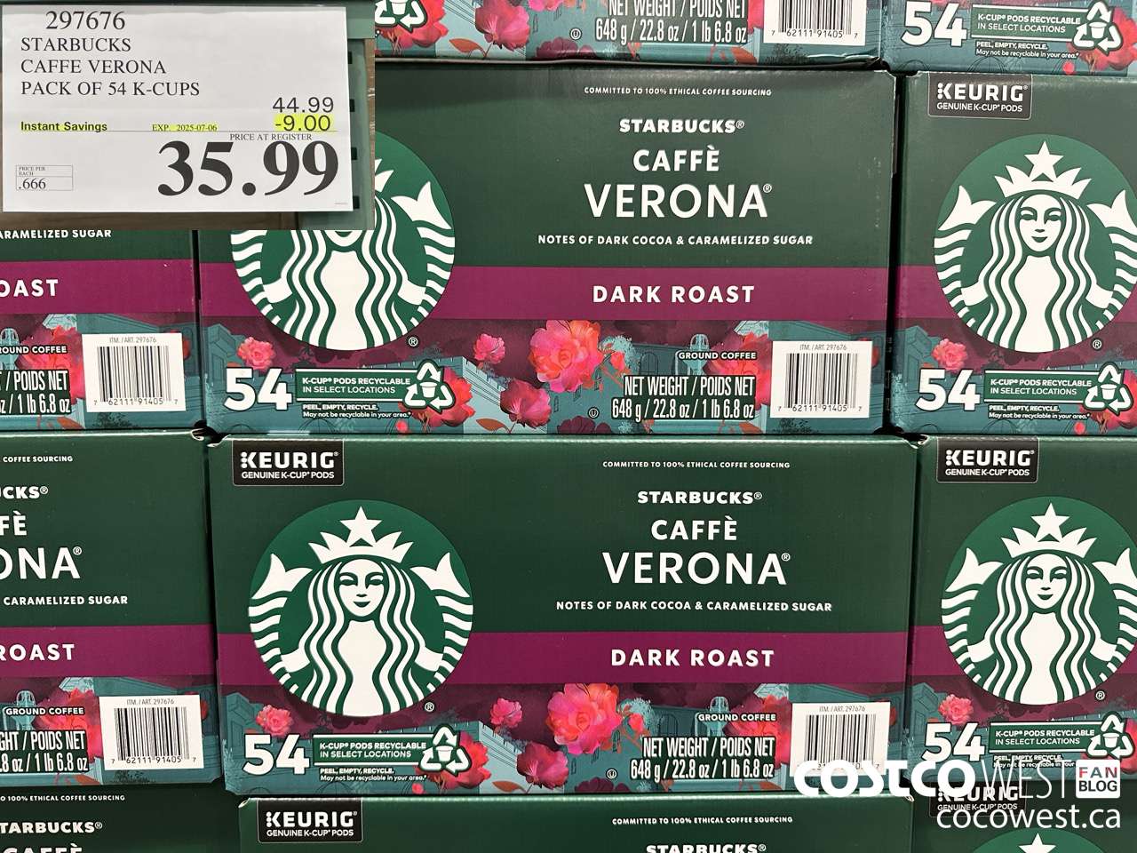 297676 STARBUCKS CAFFE VERONA K-CUPS 54 COUNT ($9.00 INSTANT SAVINGS EXPIRES ON 2025-07-06) $35.99