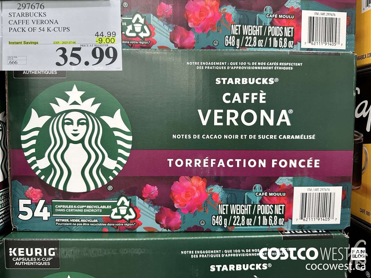 297676 STARBUCKS CAFFE VERONA K-CUPS 54 COUNT ($9.00 INSTANT SAVINGS EXPIRES ON 2025-07-06) $35.99