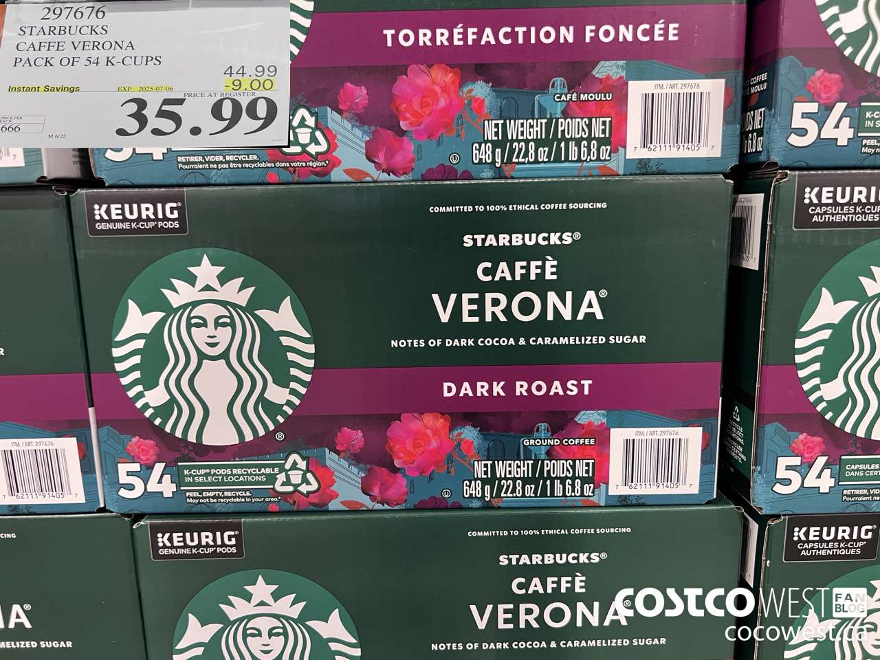 297676 STARBUCKS CAFFE VERONA K-CUPS 54 COUNT ($9.00 INSTANT SAVINGS EXPIRES ON 2025-07-06) $35.99