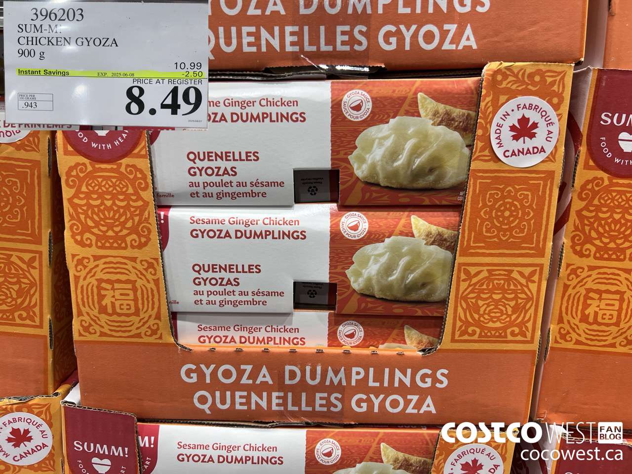 396203 SUM-M! CHICKEN GYOZA 900 g ($2.50 INSTANT SAVINGS EXPIRES ON 2025-06-08) $8.49