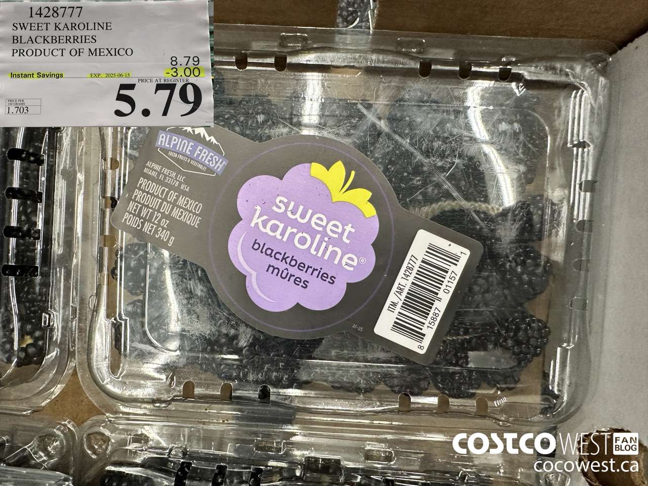 1428777 SWEET KAROLINE BLACKBERRIES PRODUCT OF MEXICO ($3.00 INSTANT SAVINGS EXPIRES ON 2025-06-15) $5.99