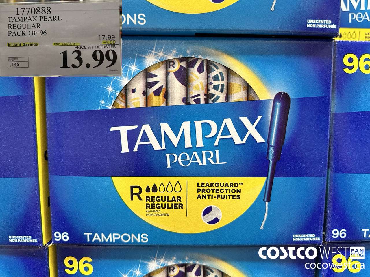 1770888 TAMPAX PEARL REGULAR PACK OF 96 ($4.00 INSTANT SAVINGS EXPIRES ON 2025-06-15) $13.99