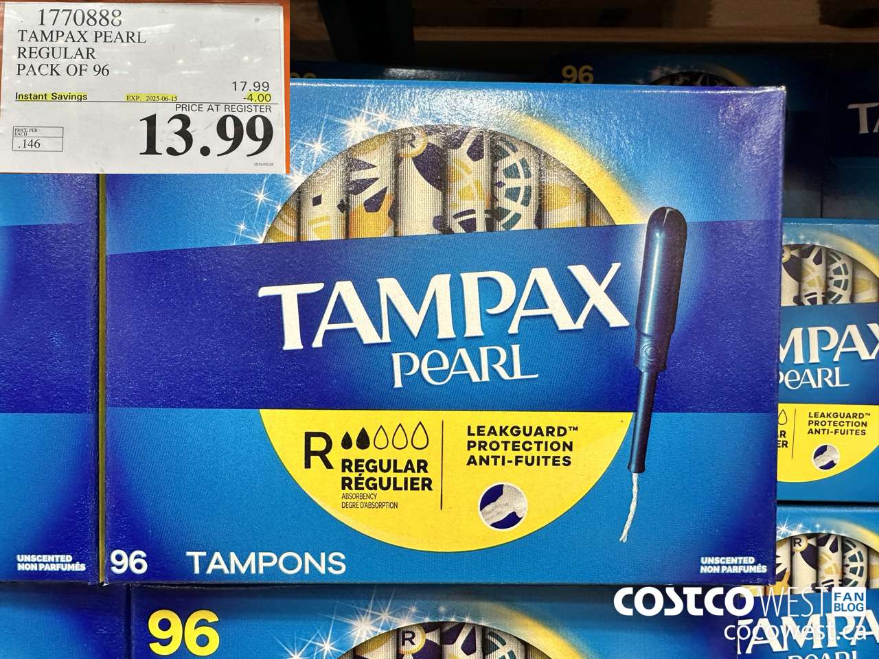 1770888 TAMPAX PEARL REGULAR PACK OF 96 ($4.00 INSTANT SAVINGS EXPIRES ON 2025-06-15) $13.99