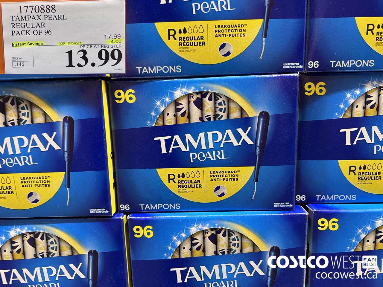 1770888 TAMPAX PEARL REGULAR PACK OF 96 ($4.00 INSTANT SAVINGS EXPIRES ON 2025-06-22) $13.99