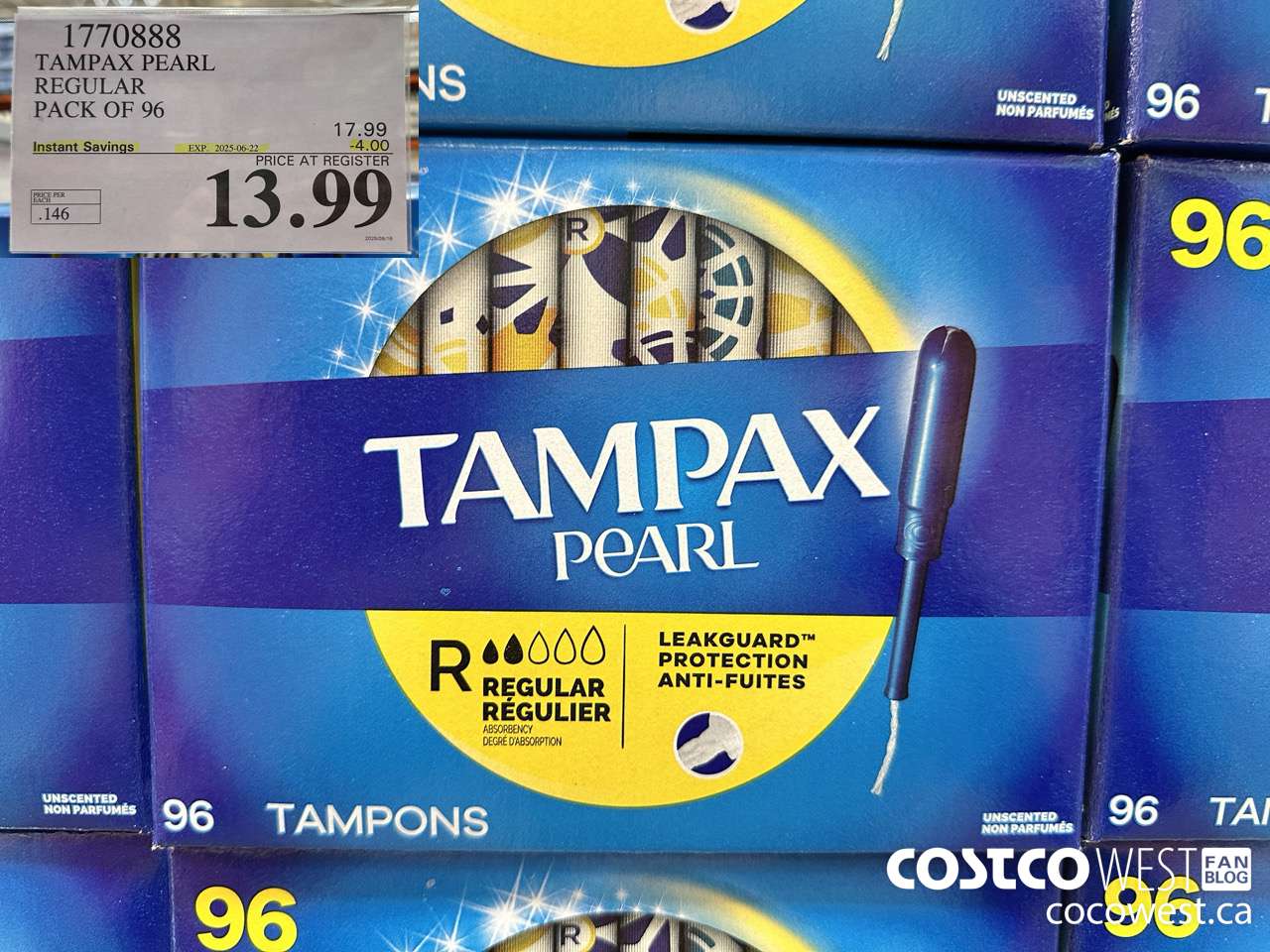 1770888 TAMPAX PEARL REGULAR PACK OF 96 ($4.00 INSTANT SAVINGS EXPIRES ON 2025-06-22) $13.99