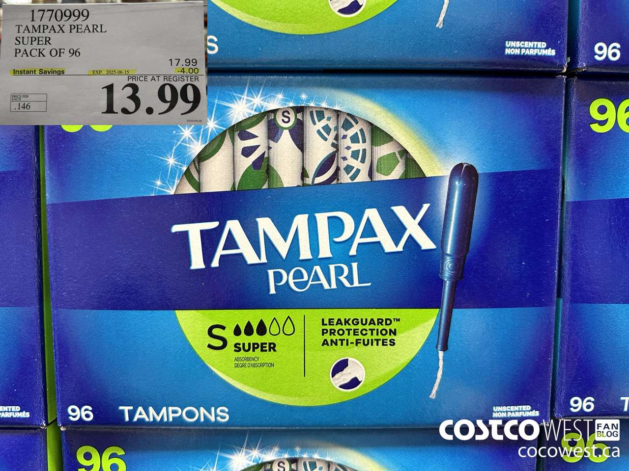 1770999 TAMPAX PEARL SUPER PACK OF 96 ($4.00 INSTANT SAVINGS EXPIRES ON 2025-06-15) $13.99