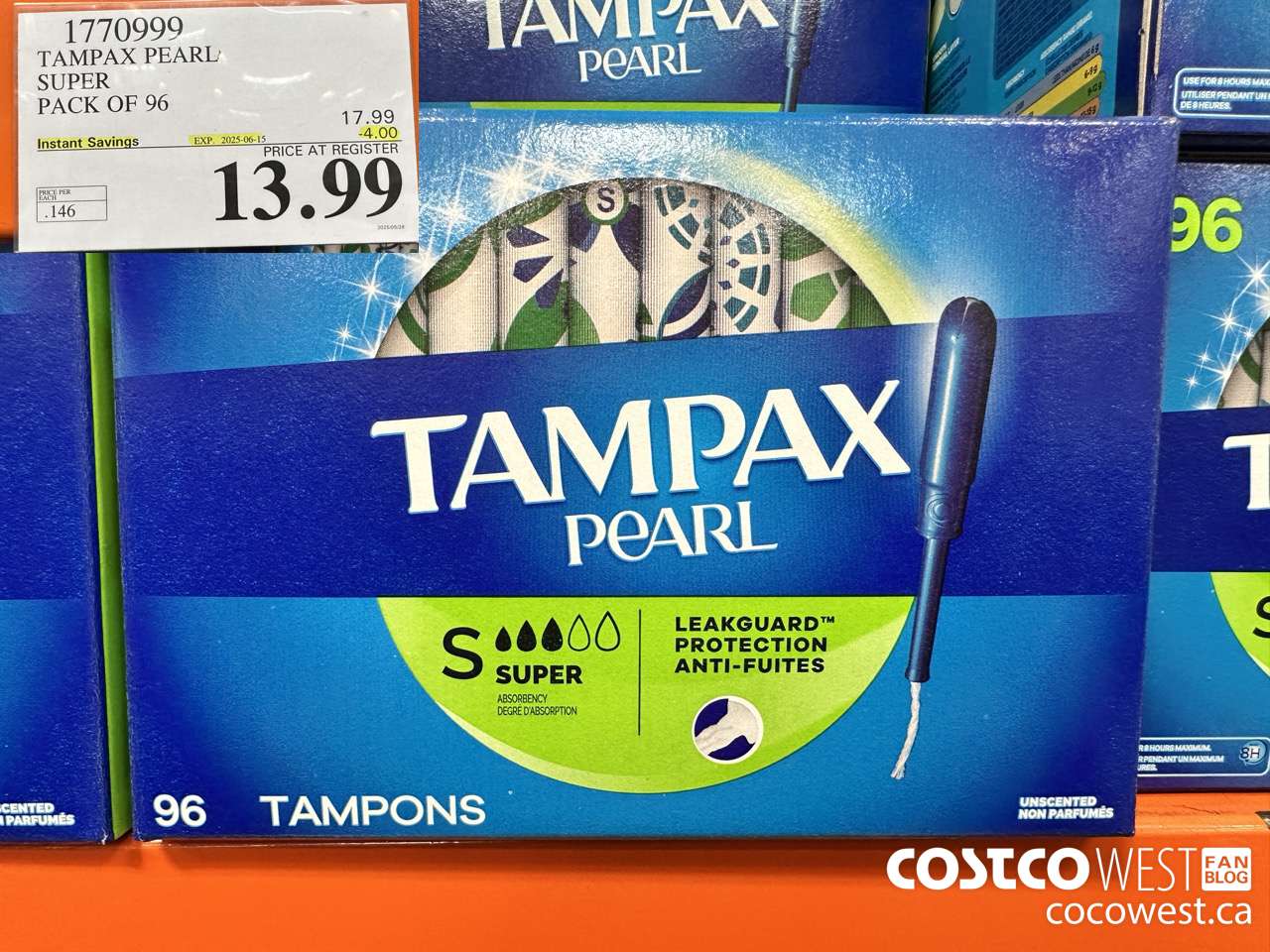 1770999 TAMPAX PEARL SUPER PACK OF 96 ($4.00 INSTANT SAVINGS EXPIRES ON 2025-06-15) $13.99
