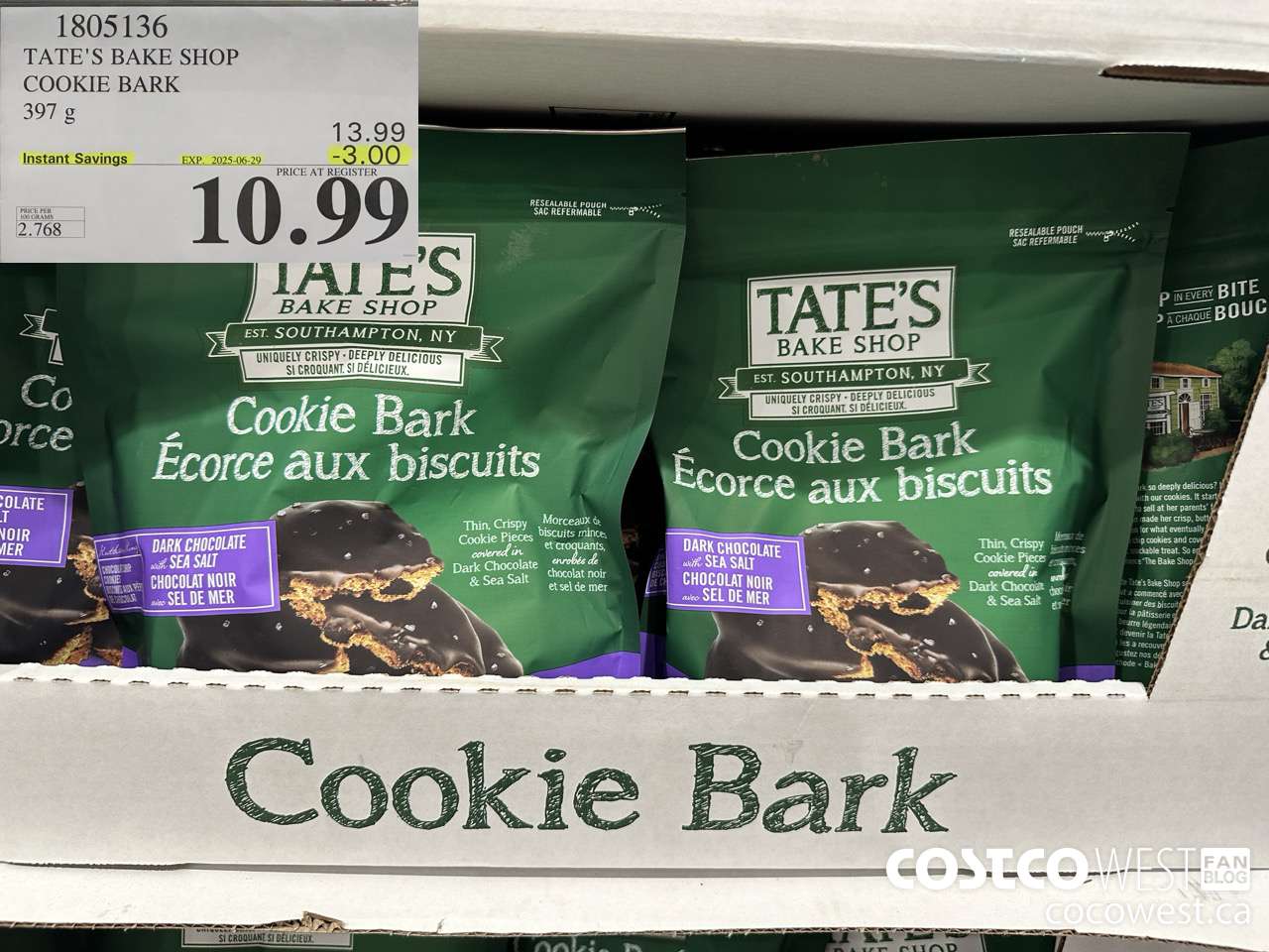 1805136 TATE'S BAKE SHOP COOKIE BARK 397G ($3.00 INSTANT SAVINGS EXPIRES ON 2025-06-29) $10.99