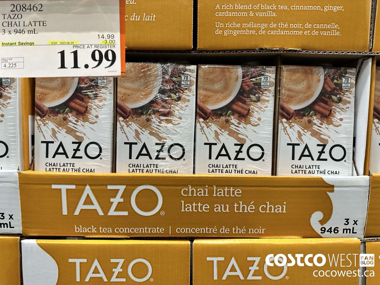 208462 TAZO CHAI LATTE 3 x 946 mL ($3.00 INSTANT SAVINGS EXPIRES ON 2025-06-29) $11.99