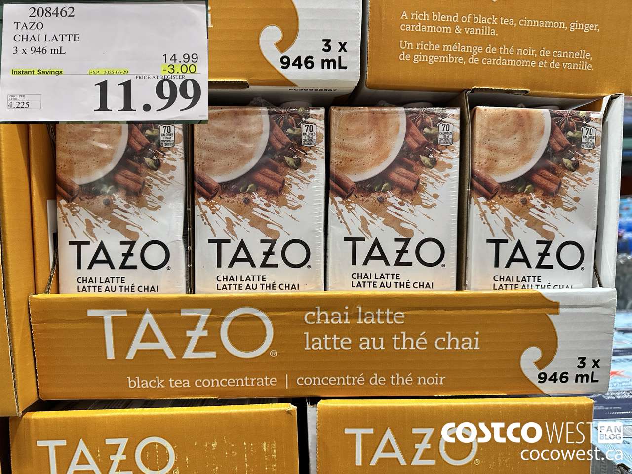 208462 TAZO CHAI LATTE 3 x 946 mL ($3.00 INSTANT SAVINGS EXPIRES ON 2025-06-29) $11.99