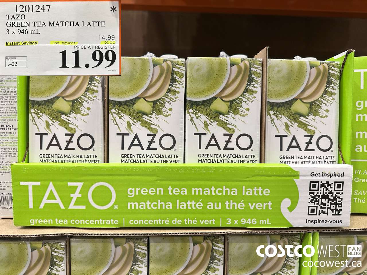 1201247 TAZO GREEN TEA MATCHA LATTE 3 X 946 ML ($3.00 INSTANT SAVINGS EXPIRES ON 2025-06-22) $11.99