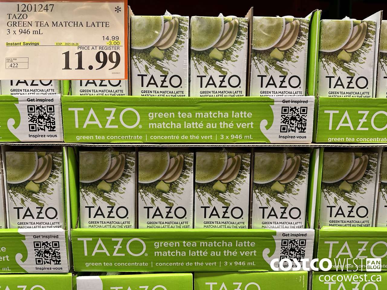 1201247 TAZO GREEN TEA MATCHA LATTE 3 X 946 ML ($3.00 INSTANT SAVINGS EXPIRES ON 2025-06-26) $11.99