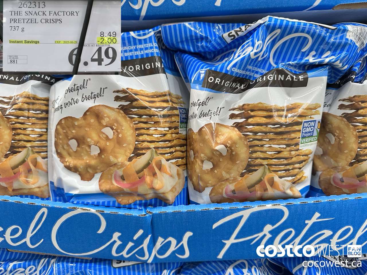 262313 THE SNACK FACTORY PRETZEL CRISPS 737 g ($2.00 INSTANT SAVINGS EXPIRES ON 2025-06-29) $6.49