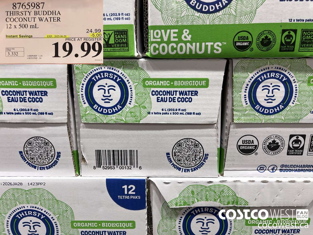 8765987 THIRSTY BUDDHA COCONUT WATER 12 X 500ML ($5.00 INSTANT SAVINGS EXPIRES ON 2025-06-29) $19.99