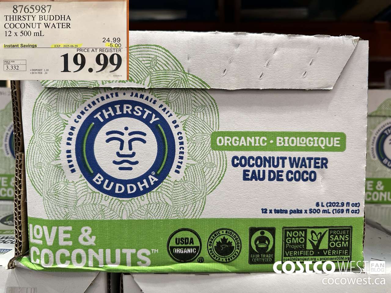 8765987 THIRSTY BUDDHA COCONUT WATER 12 X 500ML ($5.00 INSTANT SAVINGS EXPIRES ON 2025-06-29) $19.99