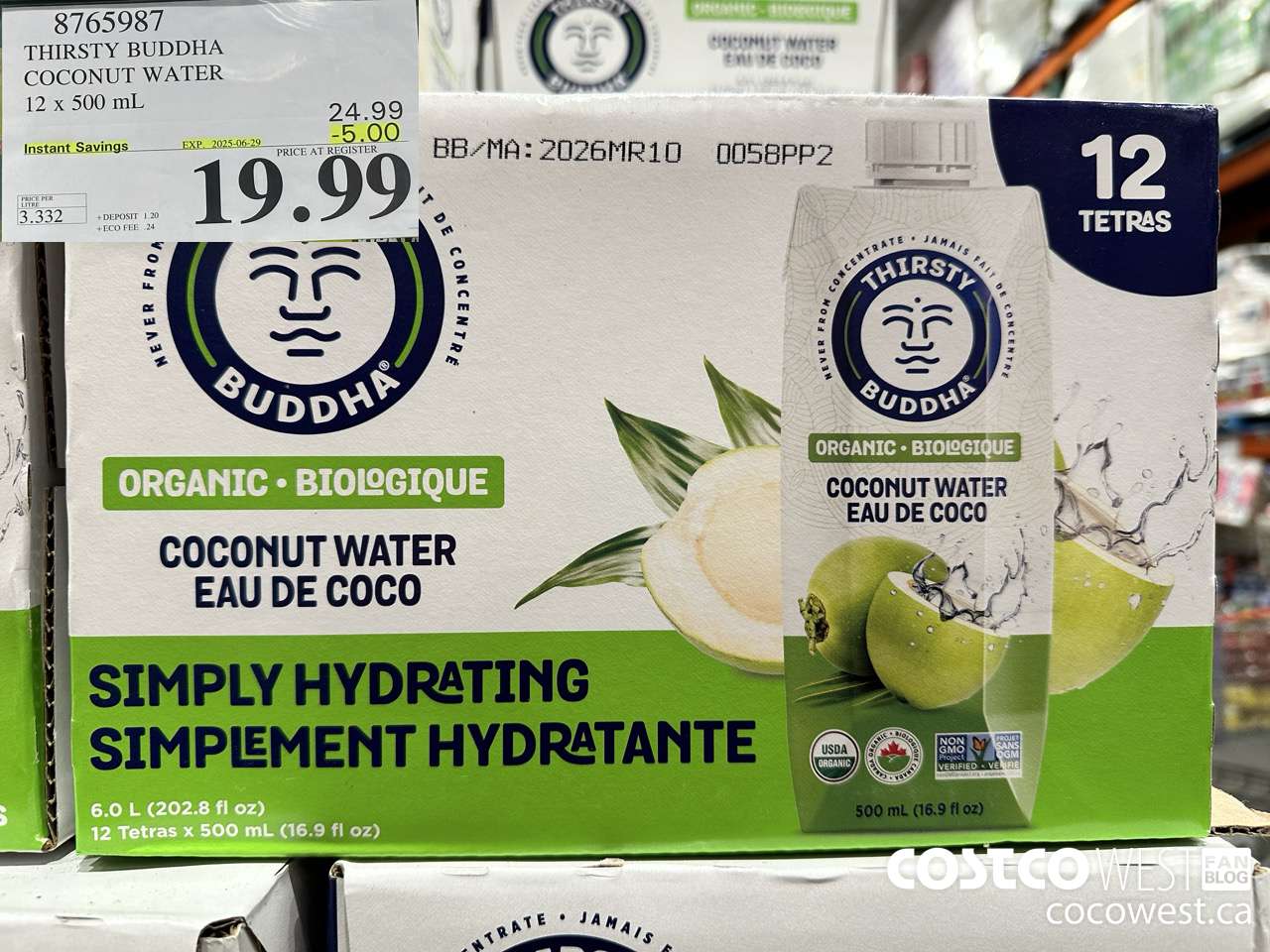 8765987 THIRSTY BUDDHA COCONUT WATER 12 X 500ML ($5.00 INSTANT SAVINGS EXPIRES ON 2025-06-29) $19.99