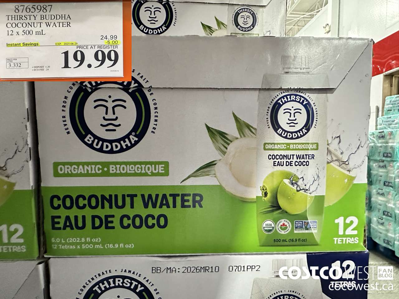 8765987 THIRSTY BUDDHA COCONUT WATER 12 X 500ML ($5.00 INSTANT SAVINGS EXPIRES ON 2025-06-29) $19.99