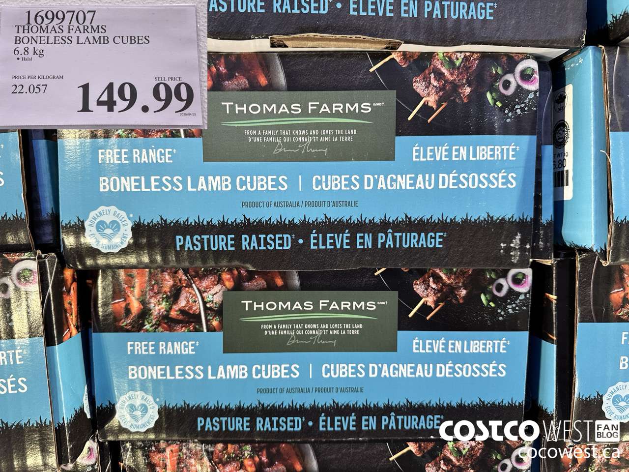 1699707 THOMAS FARMS BONELESS LAMB CUBES 6.8KG $149.99