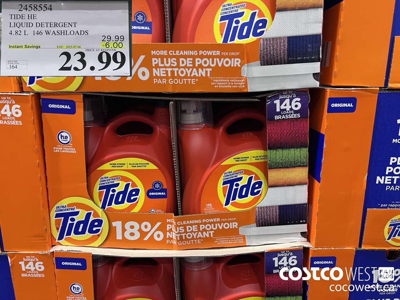2458554 TIDE HE LIQUID DETERGENT 4.82 L 146 WASHLOADS ($6.00 INSTANT SAVINGS EXPIRES ON 2025-07-06) $23.99