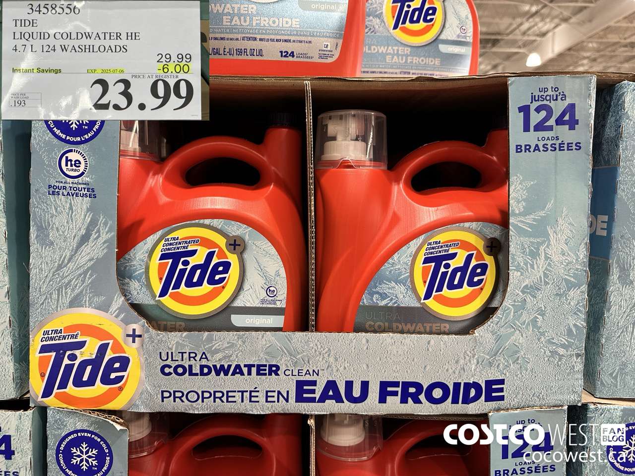 3458556 TIDE LIQUID COLDWATER HE 4.7L 124 WASHLOADS ($6.00 INSTANT SAVINGS EXPIRES ON 2025-07-06) $23.99