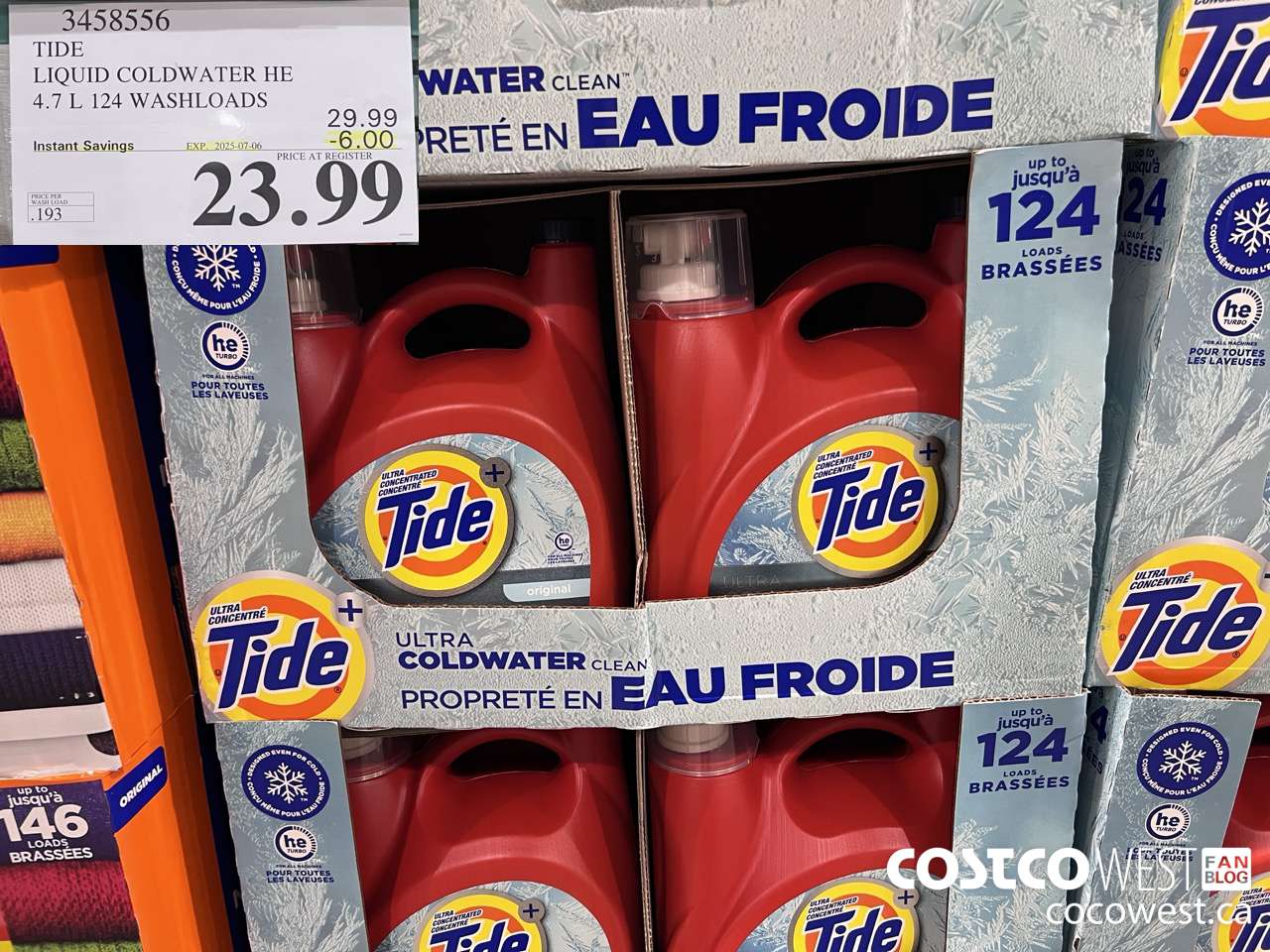 3458556 TIDE LIQUID COLDWATER HE 4.7L 124 WASHLOADS ($6.00 INSTANT SAVINGS EXPIRES ON 2025-07-06) $23.99