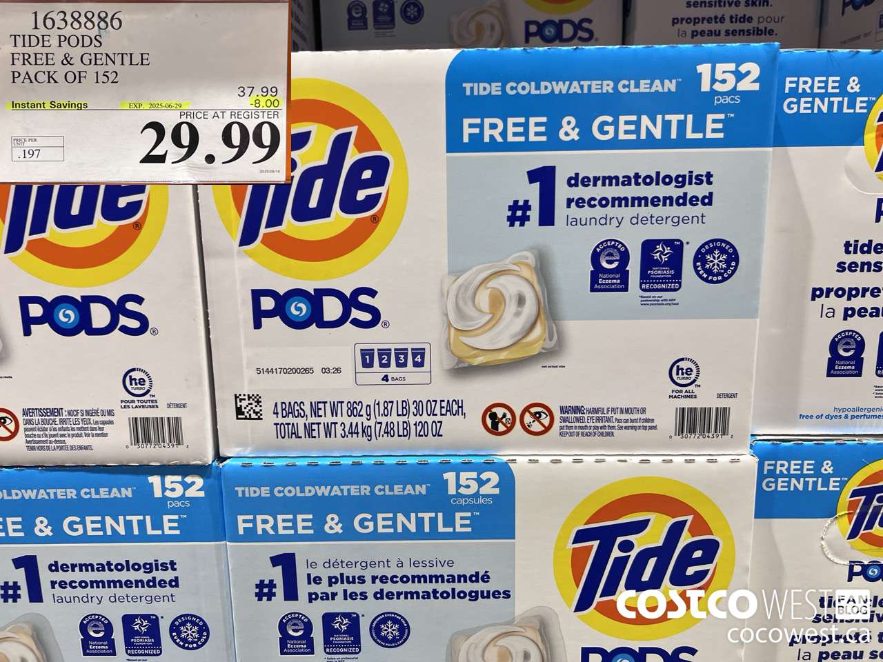 1638886 TIDE PODS FREE & GENTLE 152 pacs ($8.00 INSTANT SAVINGS EXPIRES ON 2025-06-29) $29.99