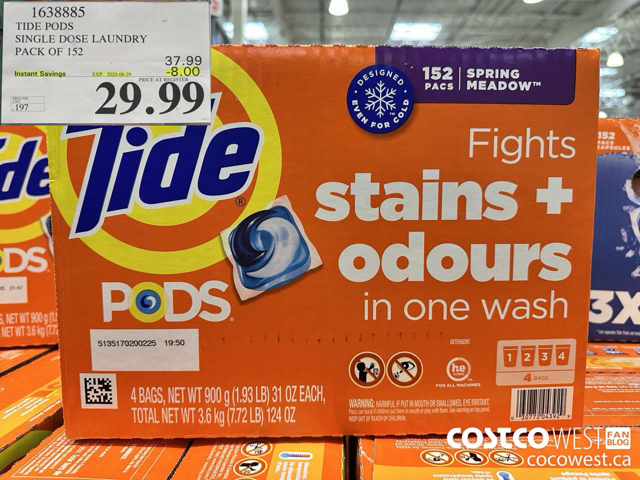 1638885 TIDE PODS SINGLE DOSE LAUNDRY 152 PACS ($8.00 INSTANT SAVINGS EXPIRES ON 2025-06-29) $29.99